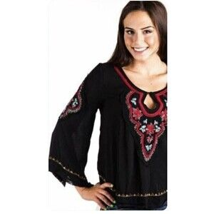love stitch Boho Bell Sleeve Embroidered Black Top Size M